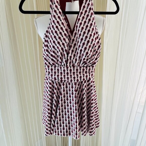 Allover Geometric Print One-piece Swimsuit, V Neck Tummy Control Skirted Bathing - Picture 2 of 6